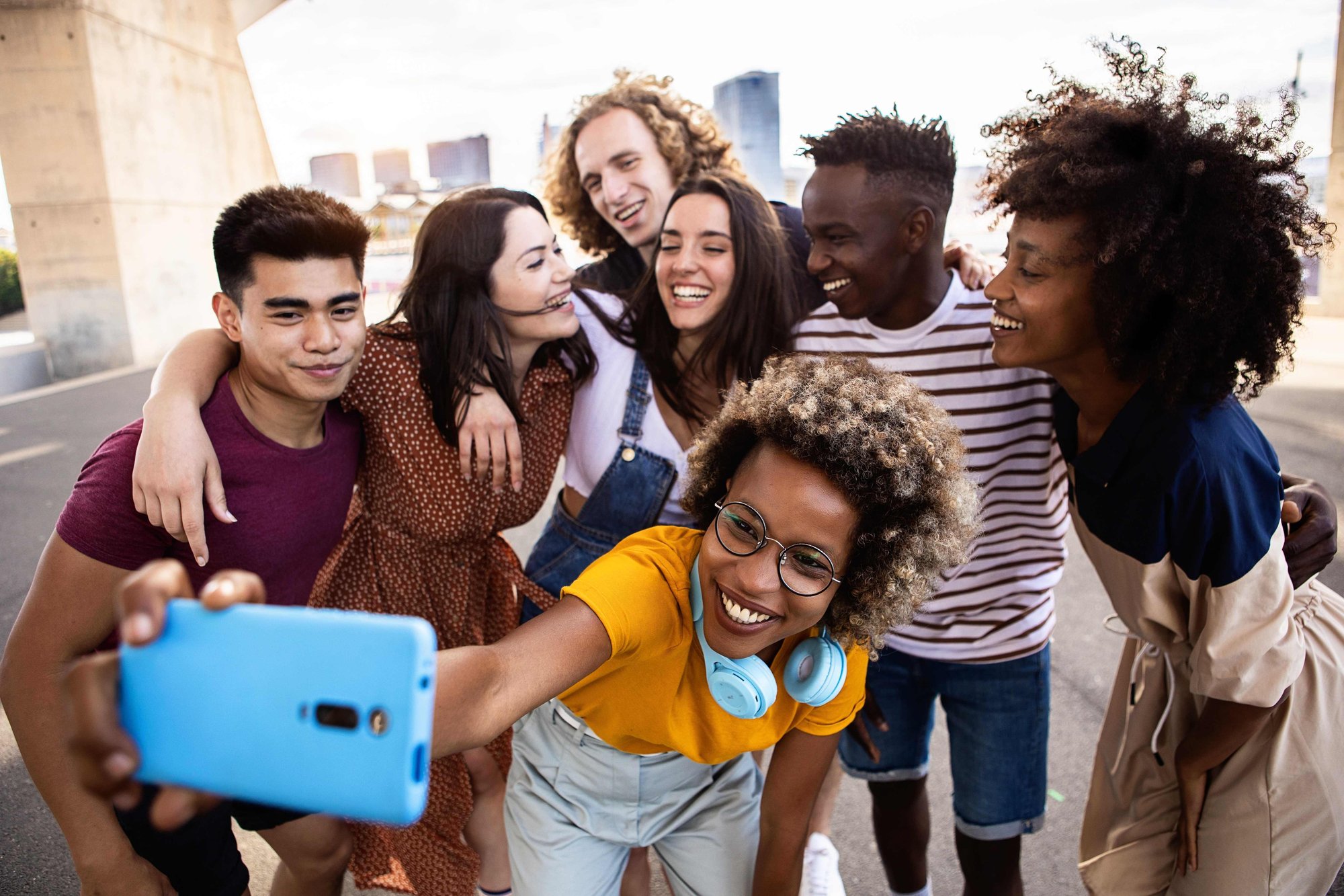 University students gathered for group selfie photograph